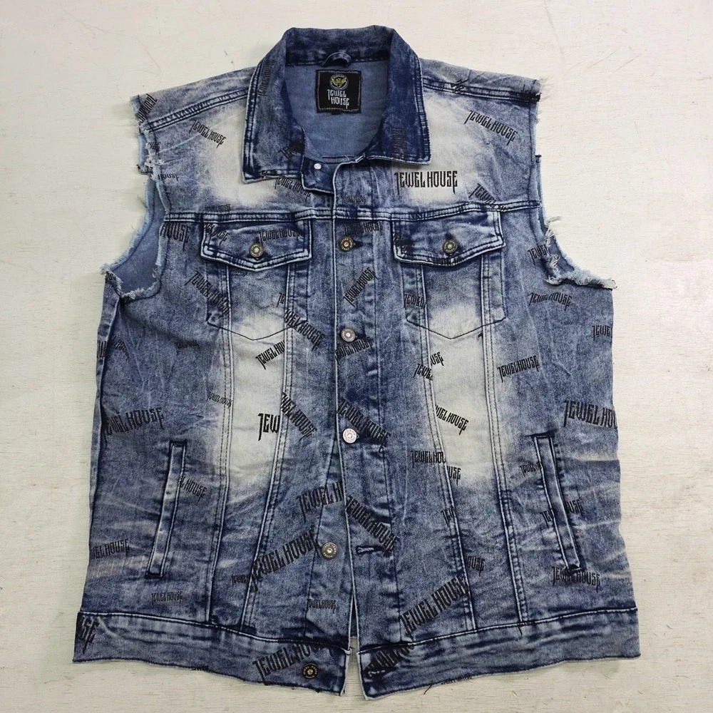 Jewel‎ House AOP Logo Jean Jacket Distressed Wash Denim Button Vest Men's XL